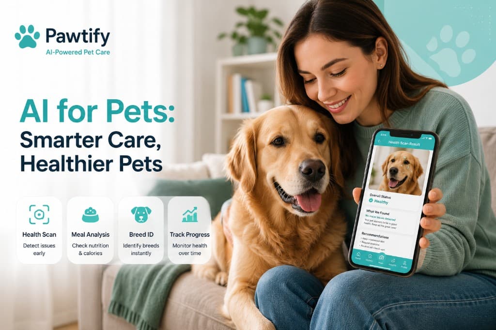 Pet owner using Pawtify AI app to scan a golden retriever for health insights