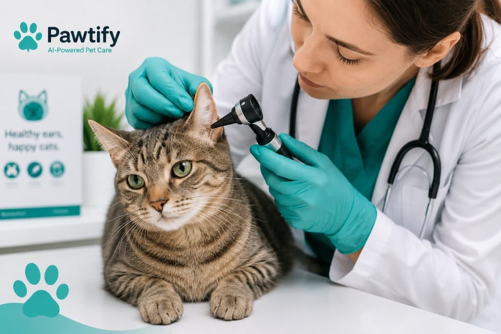 Veterinarian examining a tabby cat's ear with an otoscope for Pawtify cat ear infection guide
