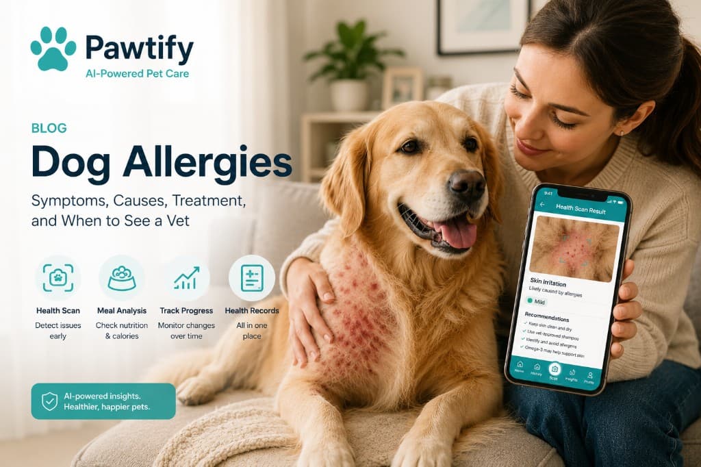 Pet owner using Pawtify AI to scan a golden retriever's skin irritation from dog allergies