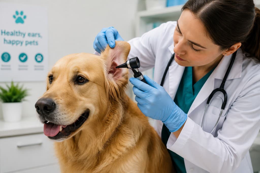 Veterinarian examining a golden retriever's ear with an otoscope for Pawtify dog ear infection guide