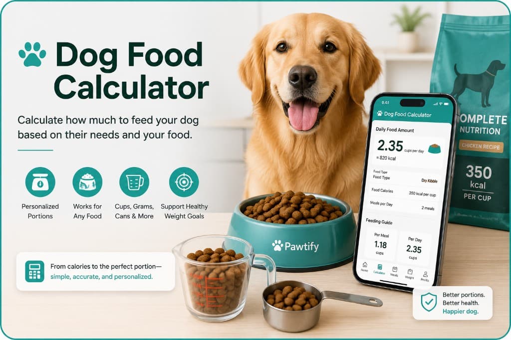 Golden retriever with a Pawtify bowl of kibble and a phone showing a dog food calculator portion estimate