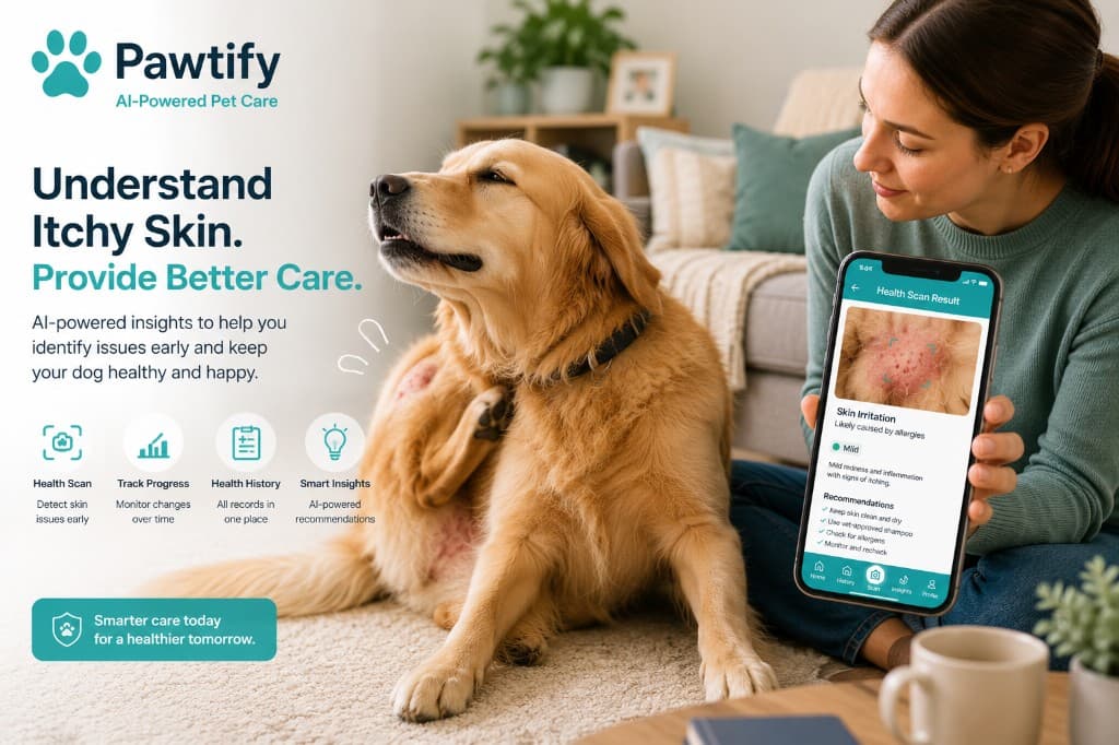 Golden retriever with itchy skin being scanned with Pawtify AI health analysis app