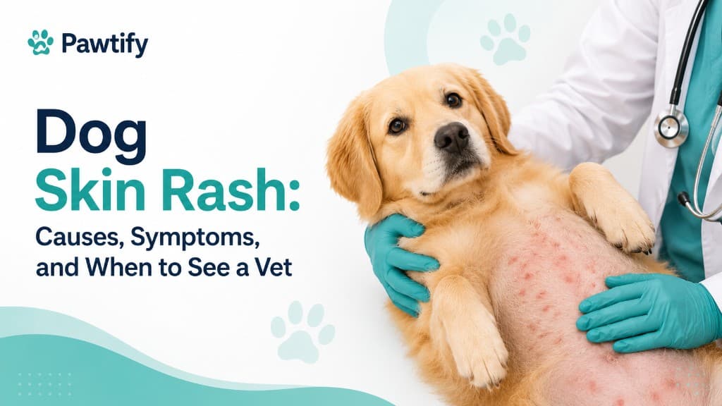 Golden retriever with irritated skin being examined during a dog skin rash check for the Pawtify pet health guide