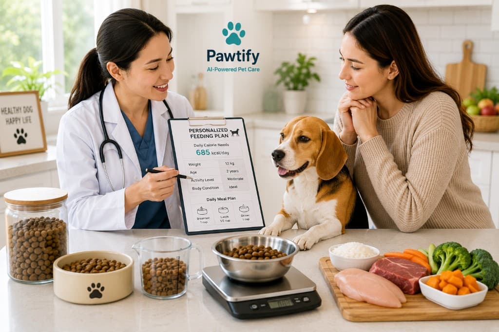 Veterinarian and pet owner reviewing a personalized dog feeding plan with a beagle in a kitchen, featured in Pawtify blog hero image