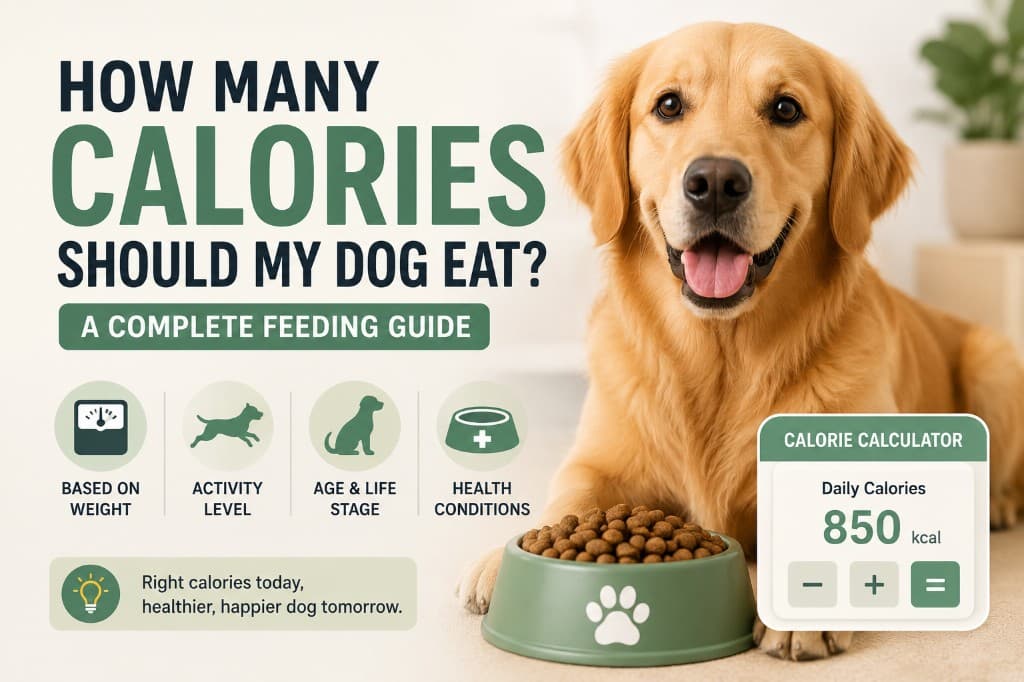 Golden retriever with dog food bowl and Pawtify guide to how many calories dogs should eat daily