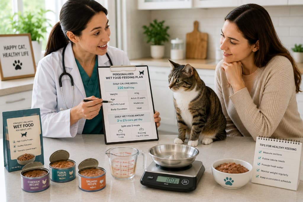 Veterinarian and cat owner reviewing a personalized wet food feeding plan with a tabby cat, cans, scale, and measuring tools in a kitchen