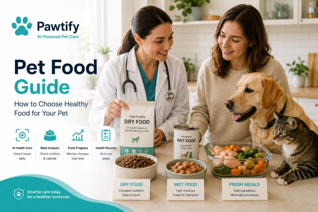 Veterinarian and pet owner reviewing dry, wet, and fresh pet food options with a golden retriever and tabby cat in a Pawtify blog hero image