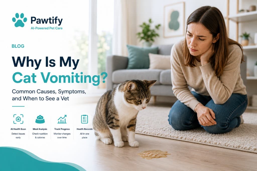 Concerned pet owner kneeling beside a tabby cat that has vomited on the floor, featured in Pawtify blog hero image