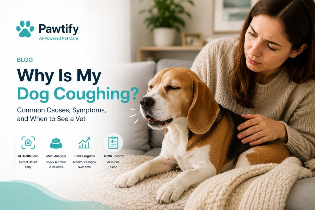 Concerned pet owner with a beagle dog coughing on the couch, featured in Pawtify blog hero image