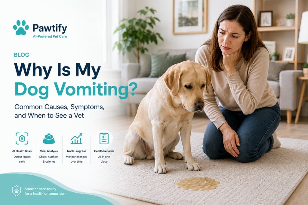 Concerned pet owner kneeling beside a yellow Labrador retriever that has vomited on the floor, featured in Pawtify blog hero image