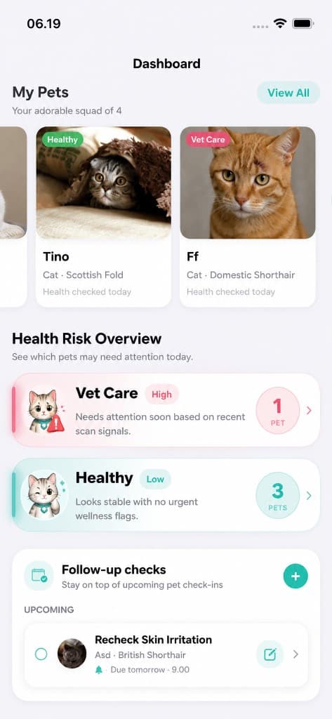 Dashboard — My Pets, health risk overview, and follow-up checks