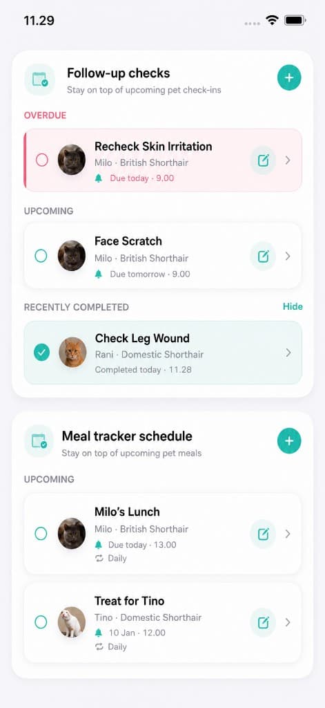 Follow-up checks and meal tracker schedule reminders