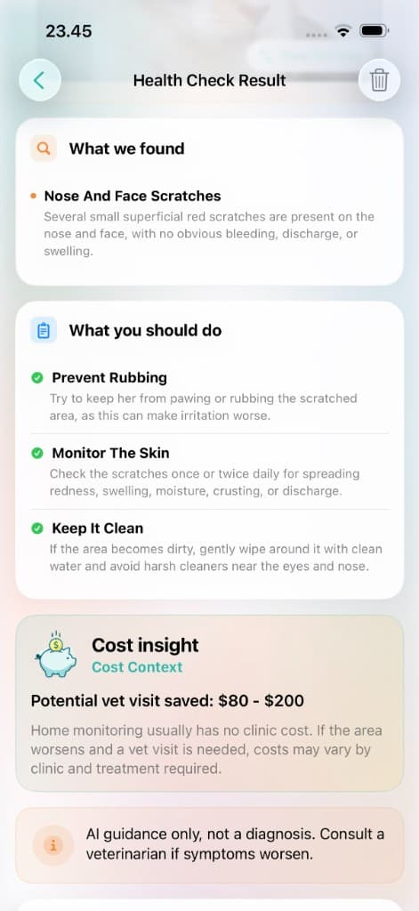 Health Check Result — AI guidance for your pet