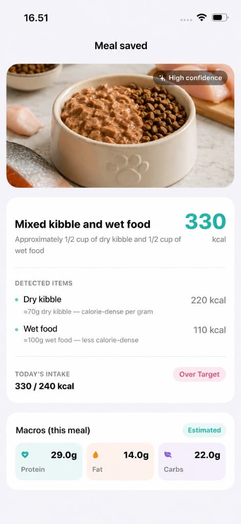 Meal Analysis — Mixed kibble and wet food with calorie and macro breakdown