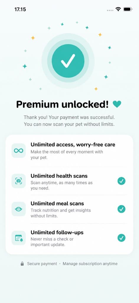 Premium unlocked — unlimited health scans, meal scans, and follow-ups