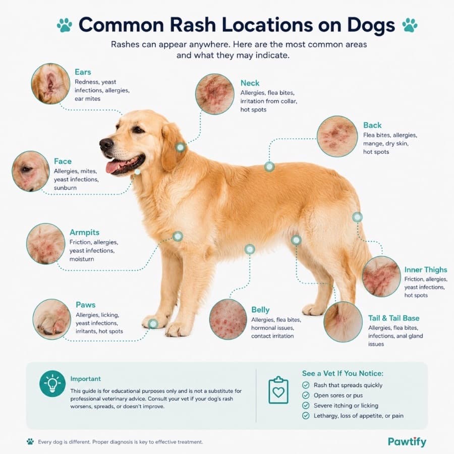 Diagram showing common dog skin rash locations including the ears, face, neck, belly, paws, tail, inner thighs, and armpits.